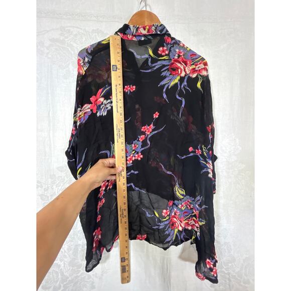 TopShop Button Up 4 Black Sheer Floral Whimsigoth Hi Lo Y2K - Picture 9 of 9